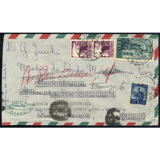1950, lettera aerea da Roma per Buenos Aires (Argentina) affrancata per 145 l. indirizzata al medico di Bordo della "Anna C", lettera leggermente accorciata a sinistra, Sass. 555,561(2), A142