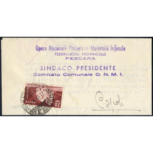 1949, lettera aperta da Pescara il 18.6. per il sindaco di Popoli affrancata con 20 l. Elezioni a Trieste, Sass. 606