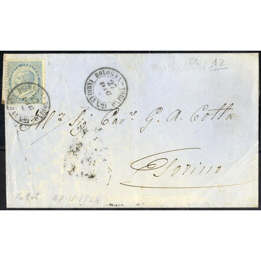 1864, lettera da Asti il 27.10., affrancata con 15 c. Vitt. Em. II per Torino, timbro ambulante "Bologna-Torino 2" Sass. P 12, Sass. 18