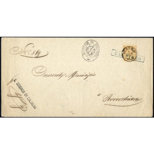 1875, lettera tra sindaci da Caldifero con timbro Verona 4.8. per Roverchiara, affrancata con 10 c. Vitt. Em. II annullato anche con timbro di CALDIFERO in cartella verde, Sass. 17