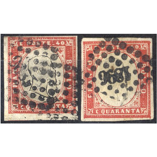 1896, 1861/63, Vitt. Em. II, 40 c. (2) annullati a Marsiglia con bollo numerale nero &quot;1896&quot; a punti grossi e cifre grosse, Sass. 14 (P11)