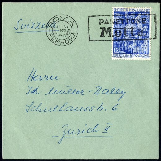 1950, Anno Santo, 55 Lire azzurro, isolato su lettera da Roma 18.6.1950 per Zurigo (S. 621)