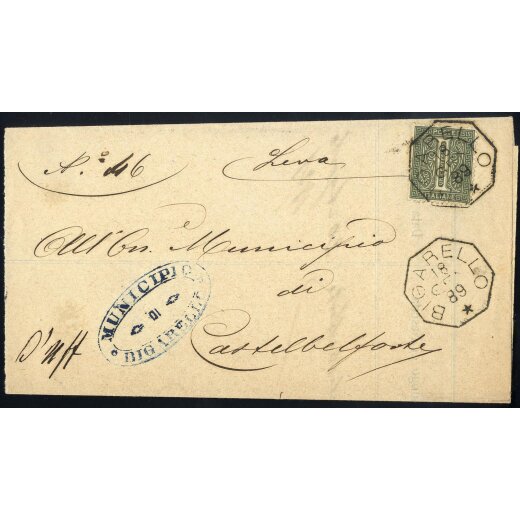 "Bigarello", lotto tre lettere, del 18.1.1889 per Castelbelforte con Sass. T14, del 19.8.1887 per Villimpenta con Sass. T15 e del 3.11.1903 per Nogara con Sass. 80