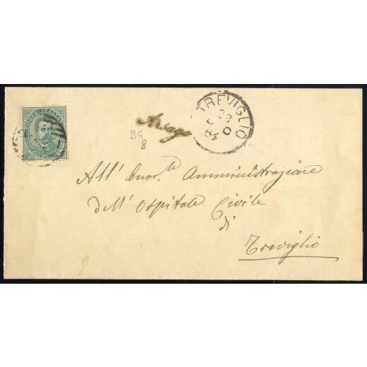 "Arsago", annullo di collettoria in azzurro su fronte di lettera del 28.12.1884 per Treviglio affrancata con Sass. 37 (8P.)