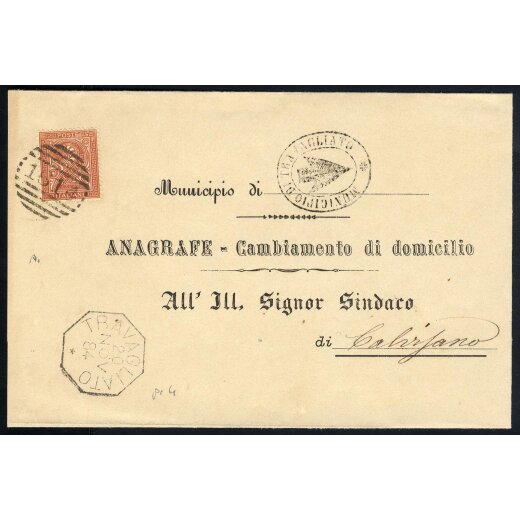 1884, 2 Cent. De La Rue, tiratura di Torino su involucro da Travagliato 20.11.1884 per Calvisano (Sass. T15 - 4P.)
