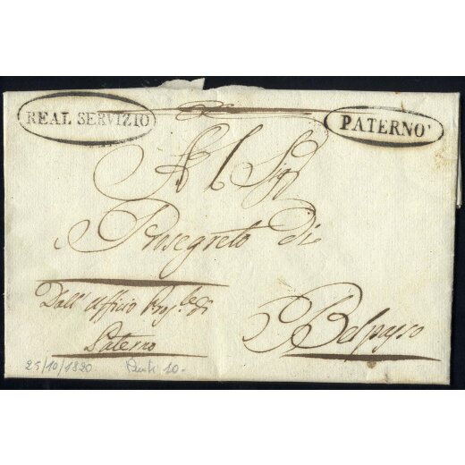 "REAL SERVIZIO" + "PATERN?", due annulli ovali su lettera del 25.10.1820 per Belpasso