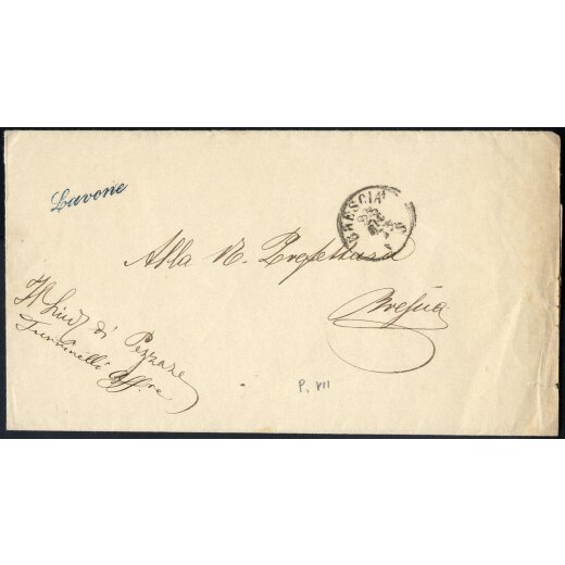 "Lavone", annullo di collettoria in azzurro su lettera del 23.12.1873 per Brescia (7P.)