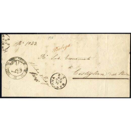 "Piubega", annullo di collettoria in rosso!! su lettera del 14.12.1869 per Castiglione delle Stiviere, raro