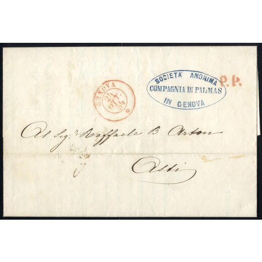 1854, "Porto pagato in contanti", stampa da Genova 24.10.1854 per Asti, annullo "P. P." in rosso sul fronte, tassa "05" al verso, splendida e non comune