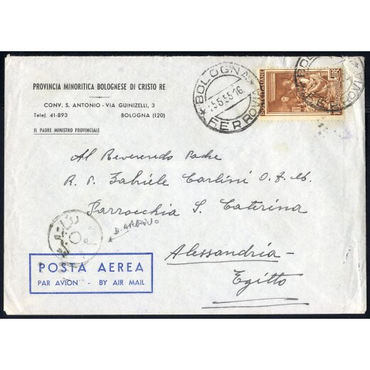 1955, 100 Lire Italia al Lavoro isolato su lettera da Bologna 25.5.1955 per Alessandria d Egitto (S. 651)