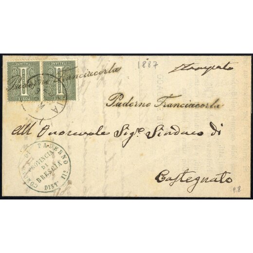 "Paderno Franciacorta", annullo di collettoria su coppia 1 Cent. su lettera del 20.2.1887 per Castegnato (7P.)