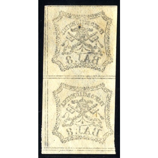 1852, 8 Baj. bianco, coppia verticale con varietá "decalco", usata (Sass. 9ca / 450,-)