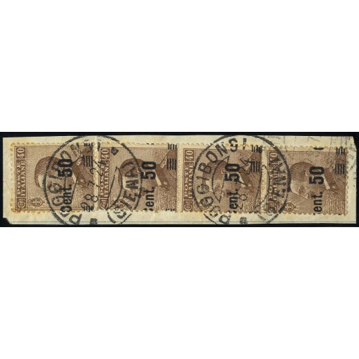 1923/27, 50 su 40 Cent. bruno, striscia di tre pi? singolo con variet? "soprastampa spostata in due sensi" (S. 139)