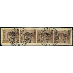 1923/27, 50 su 40 Cent. bruno, striscia di tre pi?...