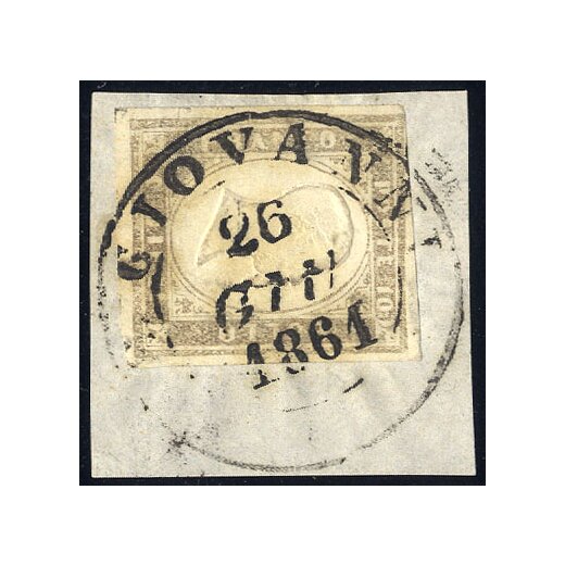 1861, S. GIOVANNI 26 / GIU / 1861", annullo d. c. gr. su 10 Cent. grigio, IV emissione di Sardegna, firm. Bottacchi (Sass. 14Cd - 7P. / 375,-)