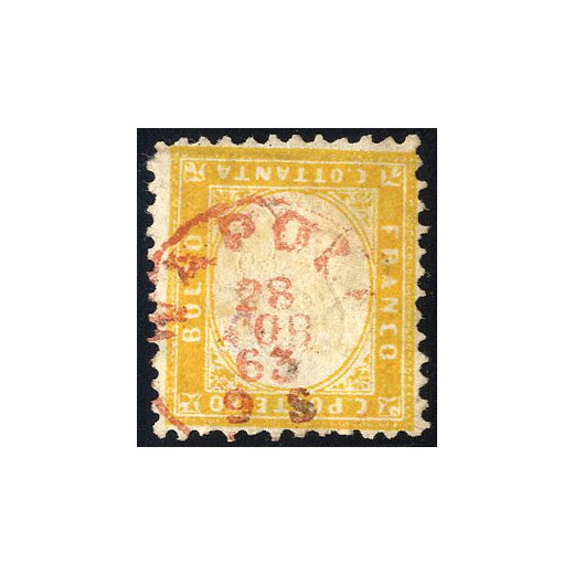 1862, 80 Cent. giallo arancio, usato, annullato con raro timbro rosso di Napoli, &quot;riparato!&quot; in alto a sinistra (Sass. 4 / 4500,-)