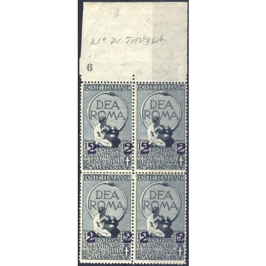 1913, "2" su 15 cent. ardesia blocco di quattro con bordo di foglio in alto e numero "6" di tavola, nuovo con gomma originale integra, leggera piega di gomma su un esemplare, conservazione molto buona (Sass. 101).