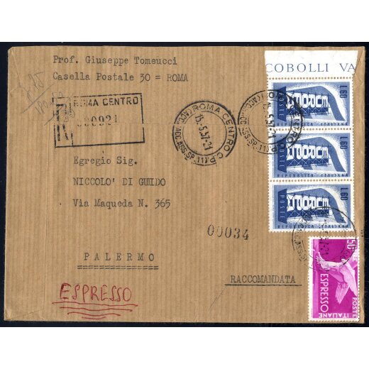 1957, lettera raccomandata espresso da Roma il 15.5.57 per Palermo affrancata per 230 L. 50 L. espresso e 3x60 L. Europa