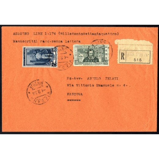 1954, lettera raccomandata assegno da Viadana il 4.9.54 per Mantova affrancata per 75 L. Marco Polo 60 L. e Lavoro 15 L.