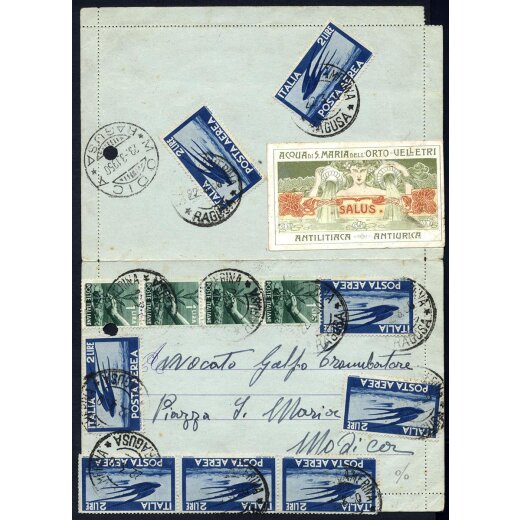 1950, biglietto postale usata il 22.3.50 per Modica affrancata recto-verso per 20 L. con blocco di 15 e striscia di 5 del 2 L. Democratica