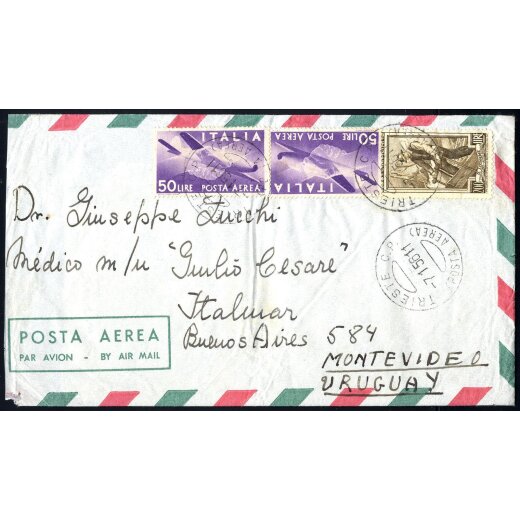 1956, lettera aerea da Trieste il 7.1.56 per Montevideo (Uruguay) affrancata per 300 L.