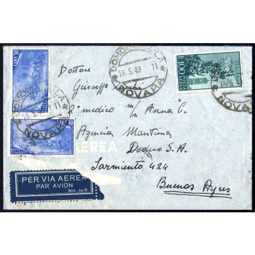 1949, lettera aerea da Domodossola il 18.5.49 per Buenos Aires (Argentina) affrancata per 160 L.