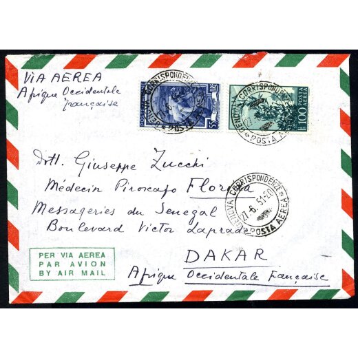 1951, lettera aerea da Genova il 27.6.51 per Dakar (Africa Occ. Francese) affrancata per 155 L.