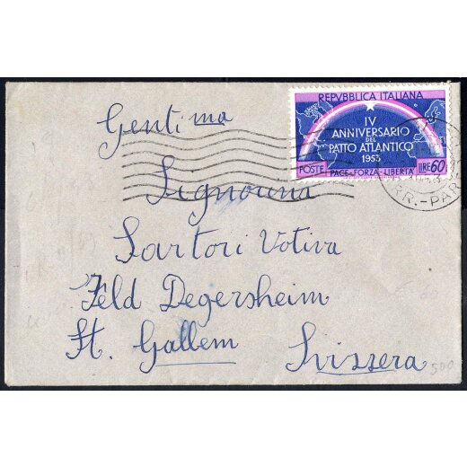 1953, lettera per St.Gallen (Svizzera) affrancata con 60 L. Patto Atlantico