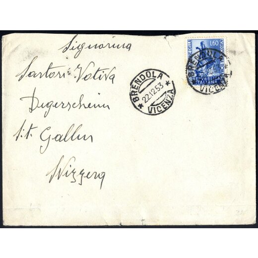 1953, lettera da Brendola il 22.12.53 per St. Gallen (Svizzera) affrancata con 60 L. Esposizione Agricoltura