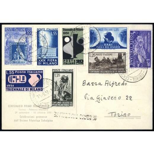 1951, cartolina commemorativa del centenario del francobollo Sardo il 30.9.51 per Torino affrancata recto verso con vari francobolli del perido