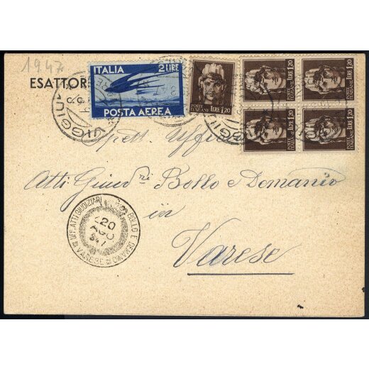 1947, cartolina da Viggiu il 19.8.47 per Varese affrancata per 8 L.