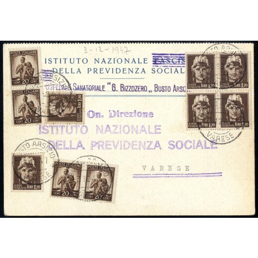 1947, cartolina da Busto Arsizio il 3.12.47per Varese affrancata per 8 L.