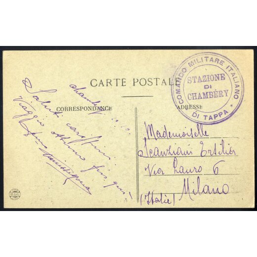 191 (?), cartolina postale non affrancata del 20.10.191... da Chambery per Milano, timbro violetto &quot;COMMANDO MILITARE ITALIANO DI TAPPA, STAZIONE DI CHAMBERY&quot;.
