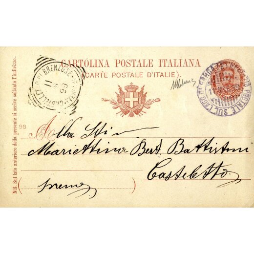 1899, cartolina postale italiana da 10 c. da Gargano per Castelletto, nitido timbro &quot;SERVIZIO POSTALE SUL LAGO DI GARDA (3), 11 MAG. 99&quot;.