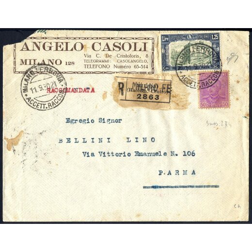 1930, lettera raccomandata da Milano l&acute; 11.9.30 per Parma affrancata per 1,75 L., firmata, Sass. 225, 274