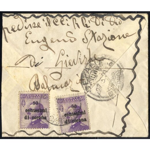 1921, parte di lettera da Scardona il 27.3.21 per Cefalu affrancata sul verso con due 50 centesimi di corona su 50 c. Michetti, Sass. 9