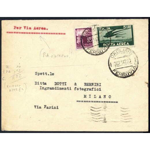 1947, lettera aerea da Cagliari il 20.11.47 per Milano affrancata per 25 L.
