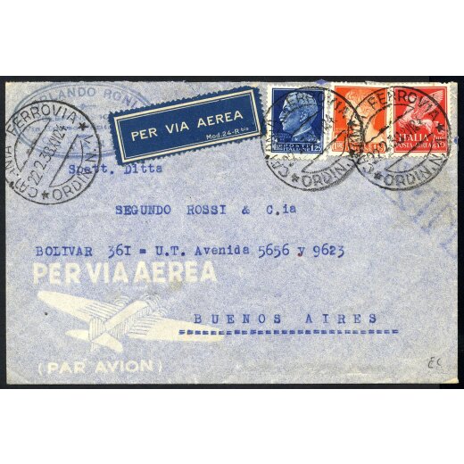 1938, lettera aerea da Catania il 22.2.38 per Buenos Aires (Argentina) affrancata per 13 L. Imperiale