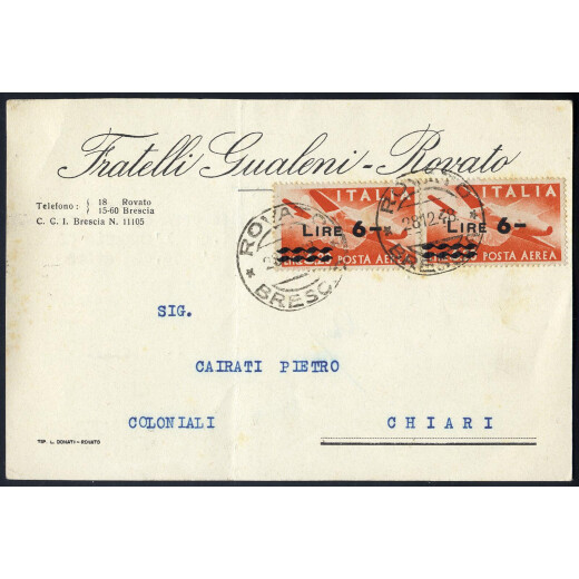1948, cartolina da Rovato il 28.12.48 per Chiari con coppia 6 L. su 3,20 L., Sass. A135