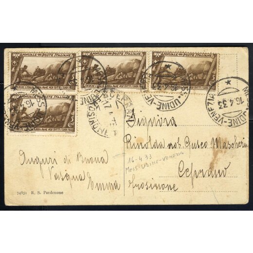 1933, cartolina da Mess-Udine-Venezia il 16.4.33 per Frosinone affrancata con quattro 5 c. Decennale, Sass. 325
