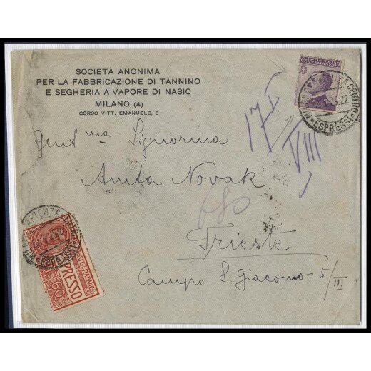 1925, lettera espresso da Milano il 27.1.25 per Trieste affrancata per 1,10 L. con 50 c. Michetti Pubblicitari con pubblicit? tagliata