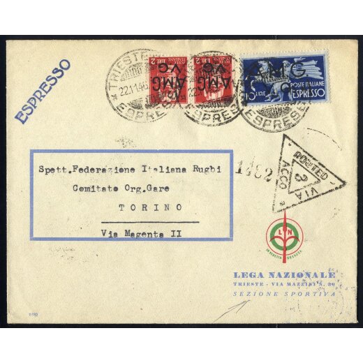 1946, lettera espresso del 22.11.1946 da Trieste per Torino, affrancata con 2 L. carminio coppia + espresso 10 L. azzurro con soprastampa &quot;A.M.G./V.G.&quot;, con timbro darrivo (Sass. 9, E1).