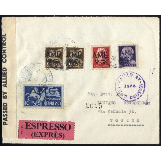 1946, lettera espresso del 18.10.1946 da Trieste per Torino, affrancata con 1 + 2 L. + espresso 10 L. +PA 2x50 c. con soprastampa "A.M.G./V.G.", con timbro darrivo.