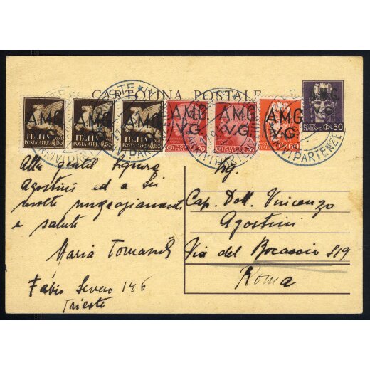 1946, cartolina postale c. 50 con affrancatura complementare 20 c. coppia + 60 c. + PA 50 c. striscia di tre con soprastampa "A.M.G. / V.G." del 17.9.1946 da Trieste per Roma.