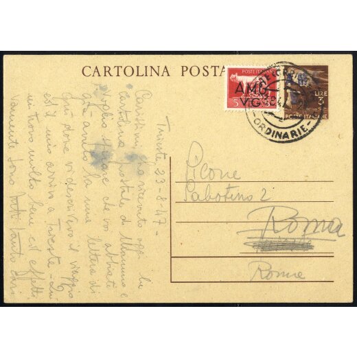 1947, cartolina postale 3 L. con affrancatura complementare 5 L. del 23.8.1947 da Trieste per Roma.