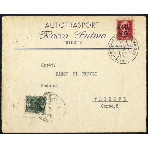 1946, lettera del 27.7.1946 da Trieste per citt?, affrancata con 2 L. con soprastampa &quot;A.M.G. / V.G.&quot;. tassata allarrivo con segnatasse 2 L. verde fil. ruota.