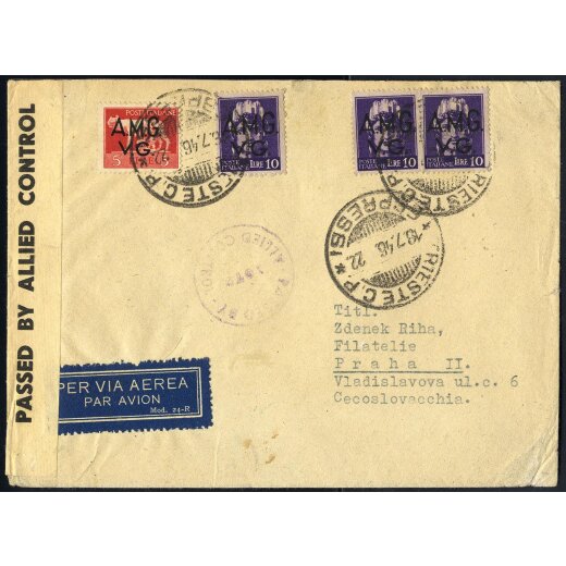 1946, lettera di posta aerea del 18.7.1946 da Trieste per Praga, affrancata con 5 L. + 3x10 L. con soprastampa "A.M.G. / V.G.", con censura.