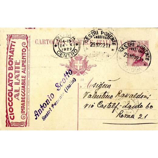 1921, "Interi pubblicitari", 25 Cent. Michetti "Cioccolato Bonati", da Sestri Ponente 23.10.1922 per Roma (Filagrano R 4B 2)