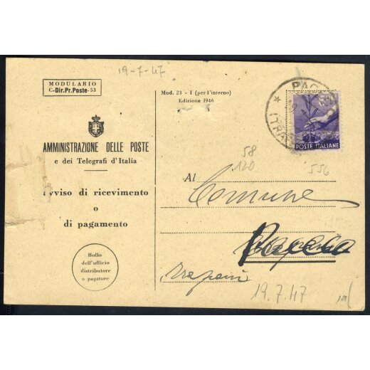 1947, II Periodo Tariffario, avviso affrancato con 6 l. Democratica da Paceco il 19.7.47 per Trapani, Sass. 556
