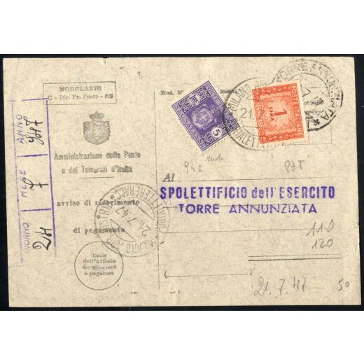 1947, II Periodo Tariffario, avviso di ricevimento da Milano per Torre Annunziata il 21.7.47 affrancata per 6 Lire con Sass. 94,97